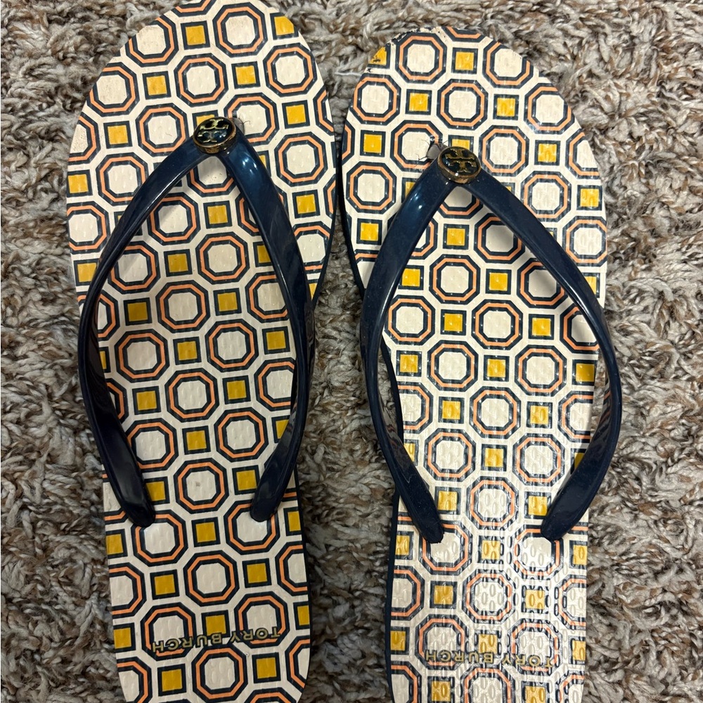Tory Burch Navy and Yellow Geometric Sandals